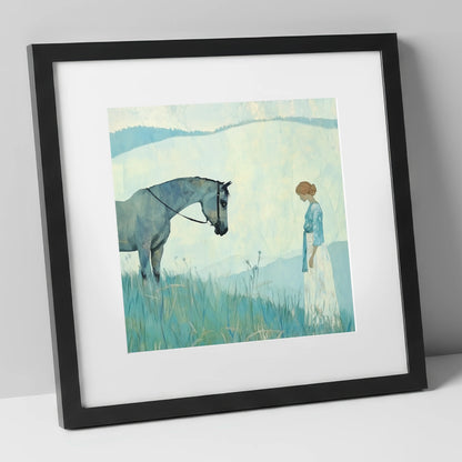 Gentle Regard horse & rider art print in black frame