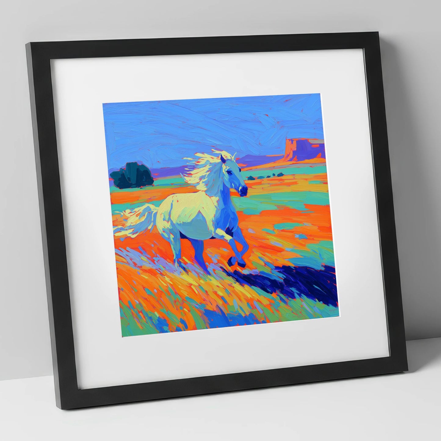 Vibrant Desert Canter wild horses art print in black frame