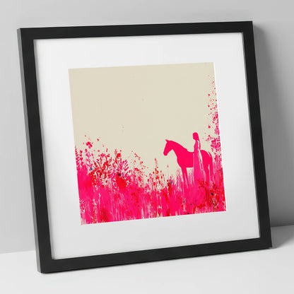 Vibrant Magenta Silhouette horse & rider art print in black frame
