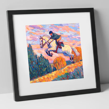 Airborne at Dusk show jumping horse art print in black frame