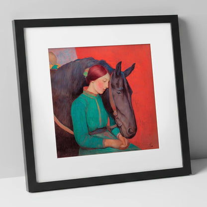 Silent Understanding horse & rider art print in black frame