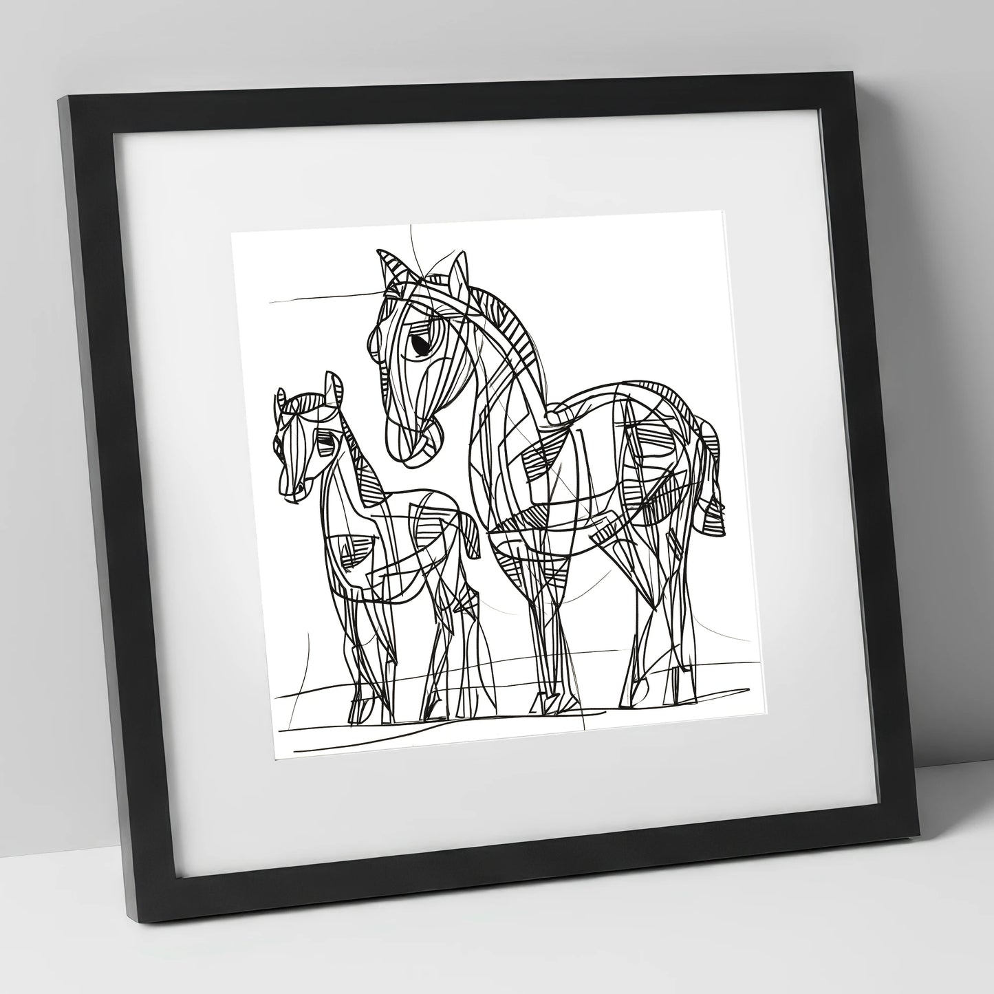 Linear Equine Bond mare & foal art print in black frame