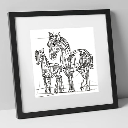 Linear Equine Bond mare & foal art print in black frame