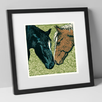 Gentle Greeting horse portrait art print in black frame