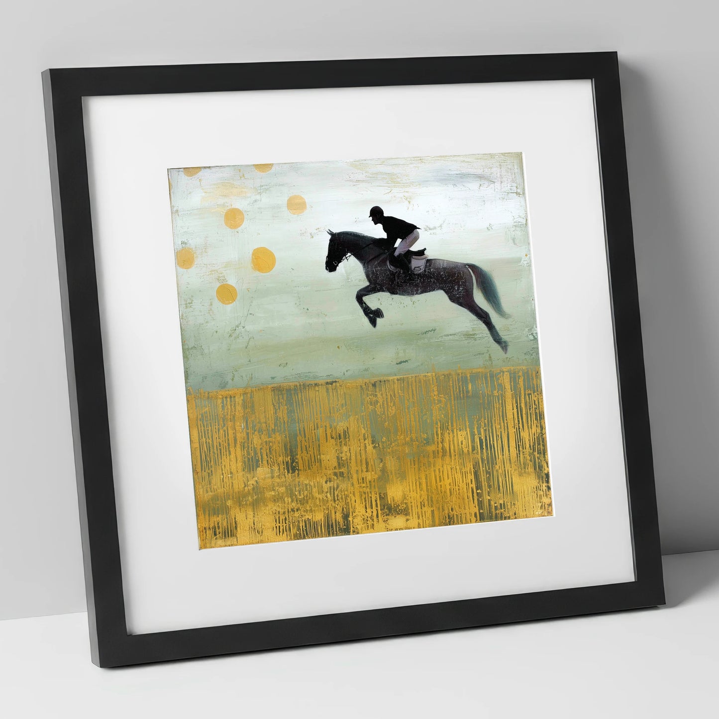 Gilded Flight show jumping horse art print in black frame