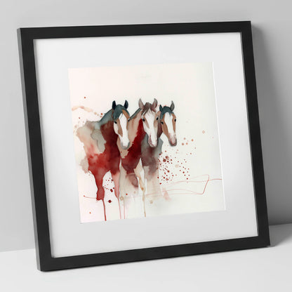 Crimson Companions wild horses art print in black frame