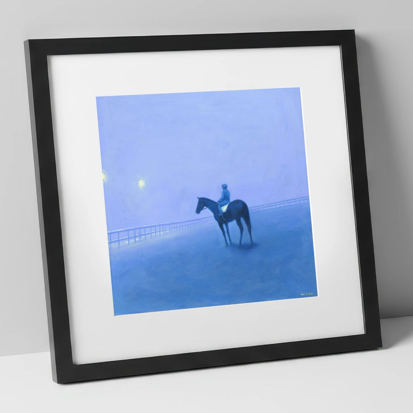 Dawn on the Gallops racing horse art print in black frame