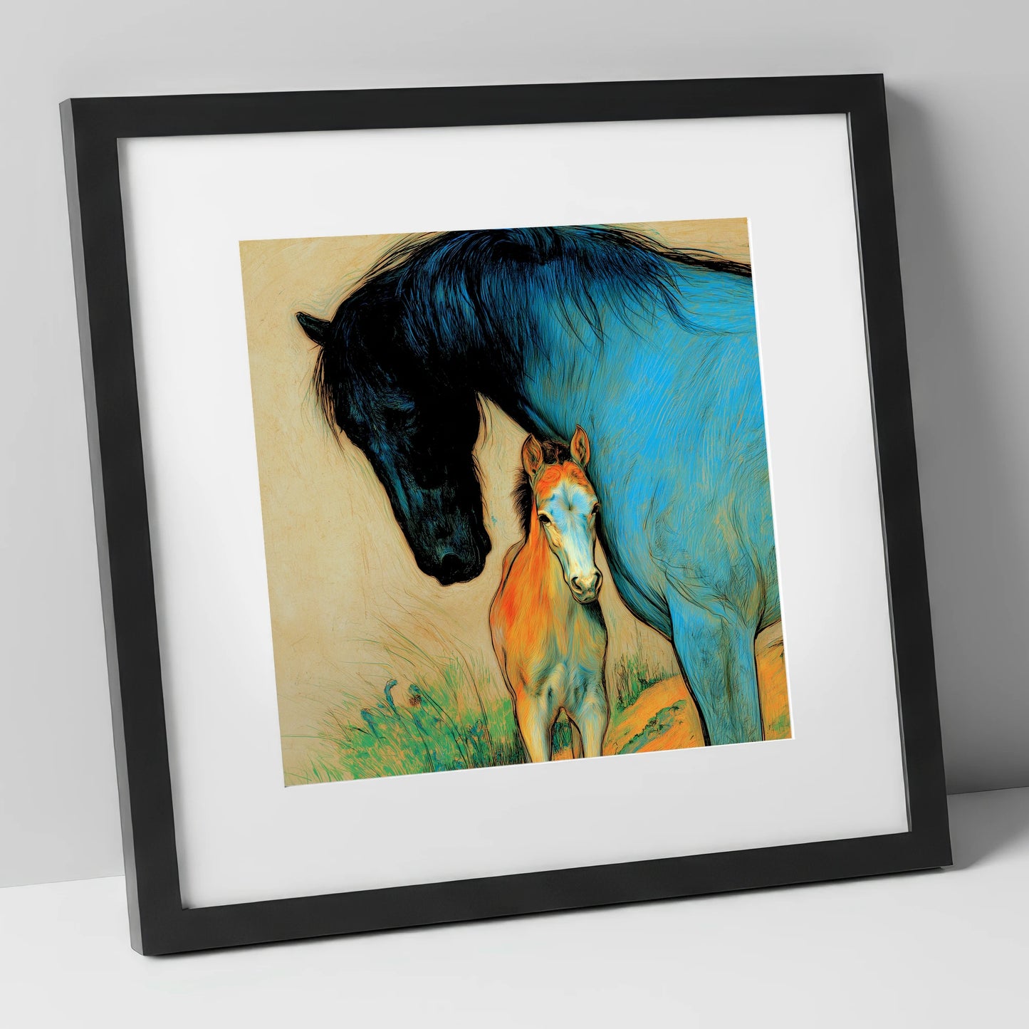 Vivid Devotion mare & foal art print in black frame