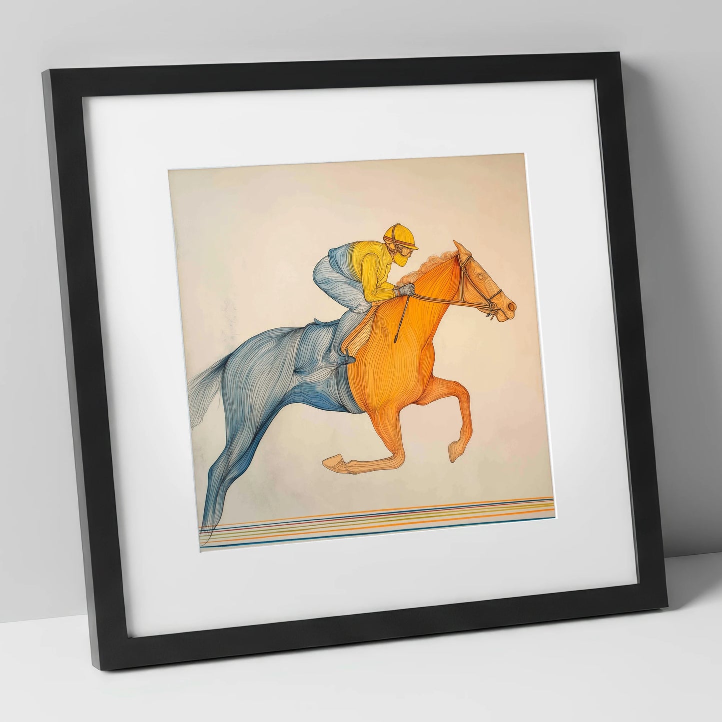 The Fluid Stride racing horse art print in black frame