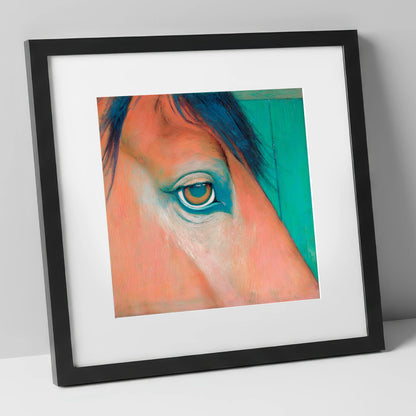Soulful Emerald Gaze horse portrait art print in black frame