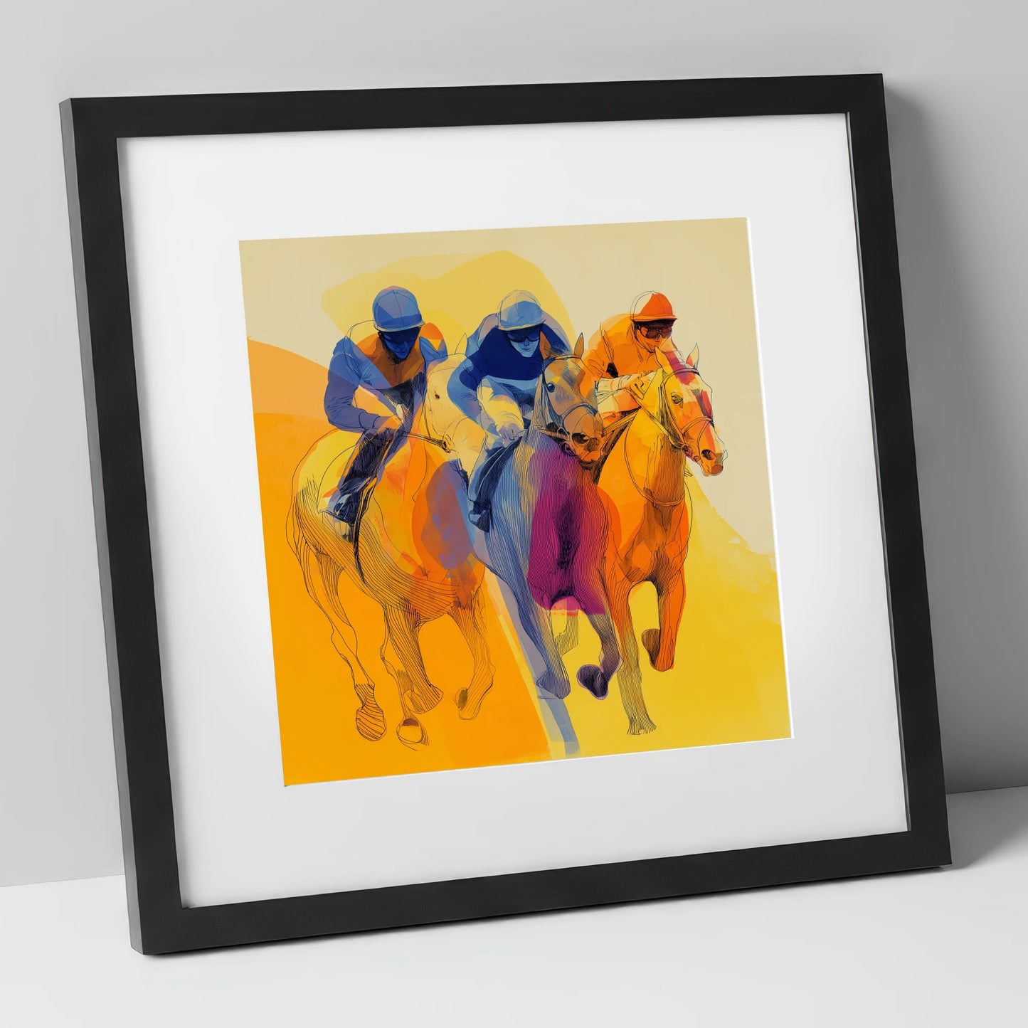 The Final Furlong racing horse art print in black frame