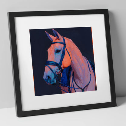 Midnight and Peach Profile horse portrait art print in black frame