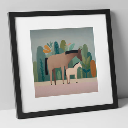 Tranquil Grove mare & foal art print in black frame