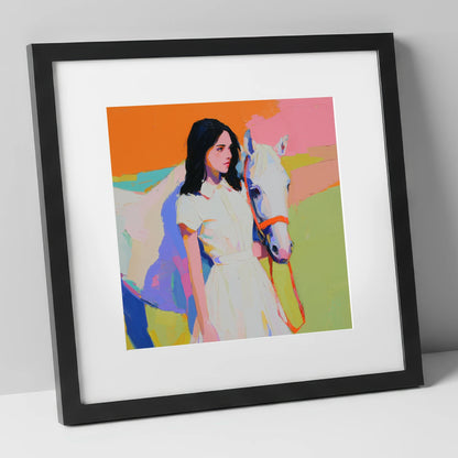 Painted Summer Bond horse & rider art print in black frame
