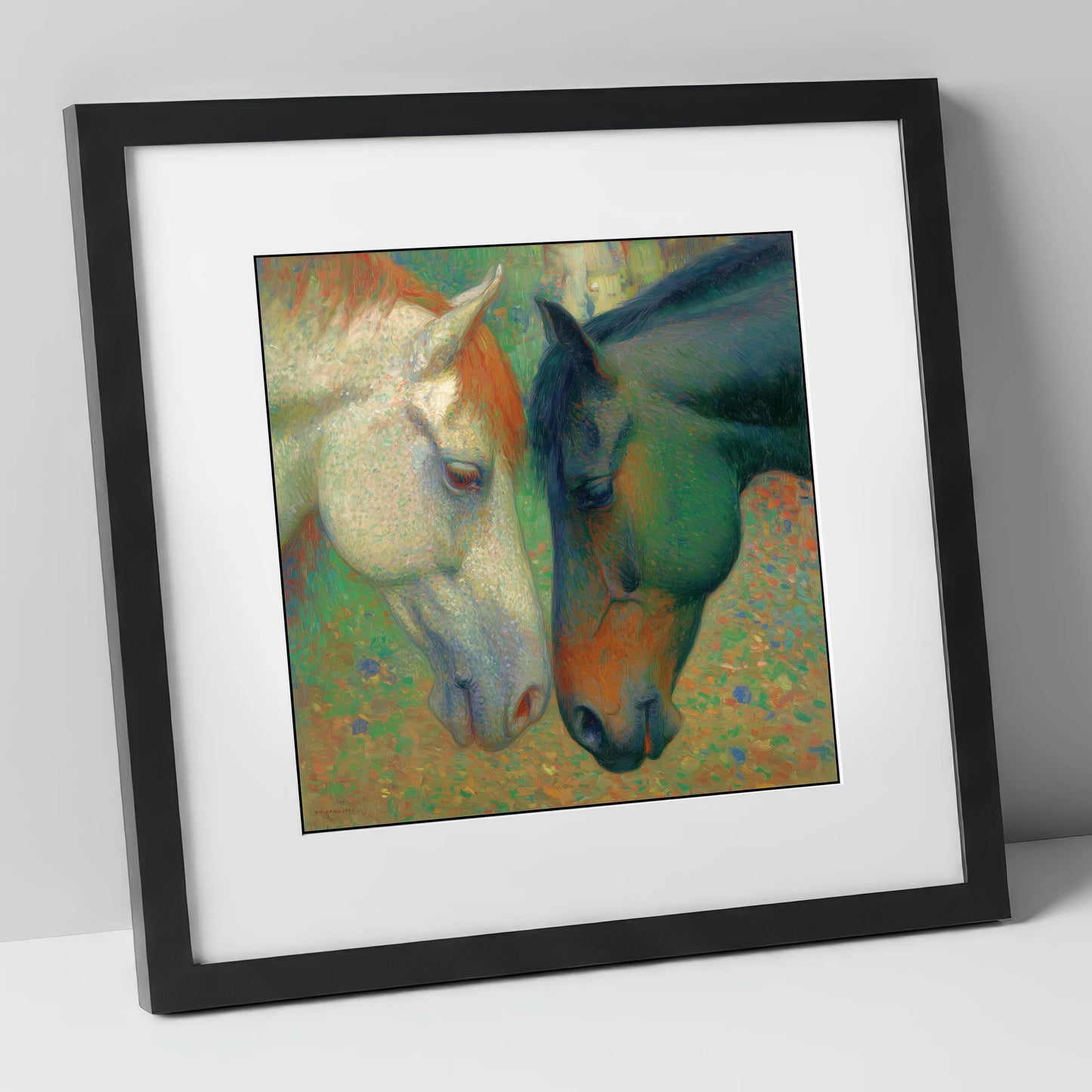 Dappled Companions horse portrait art print in black frame