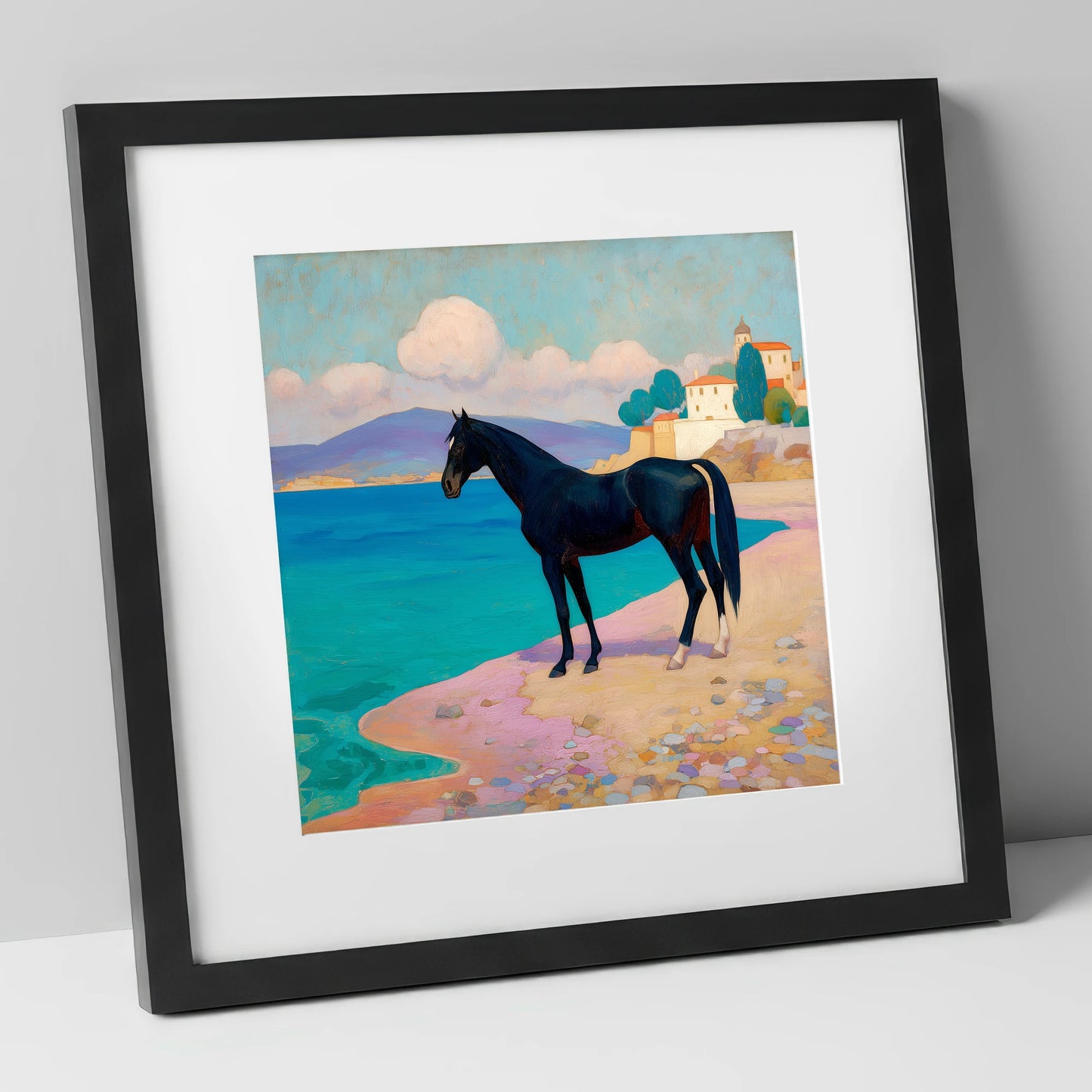 Midnight on the Riviera horse landscape art print in black frame
