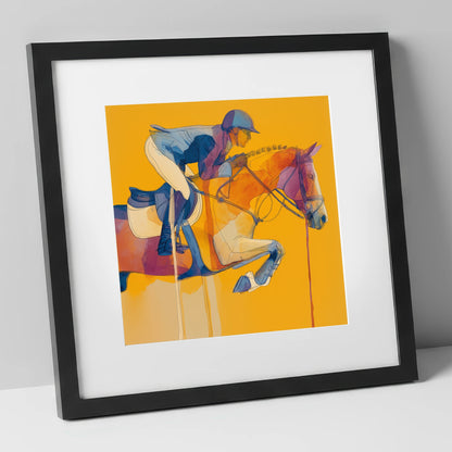 Suspended in Gold show jumping horse art print in black frame