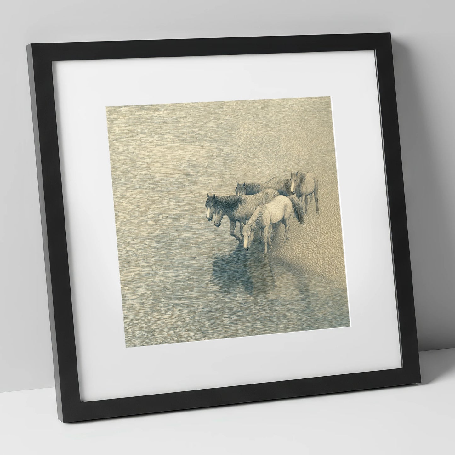 Reflections of the Herd wild horses art print in black frame