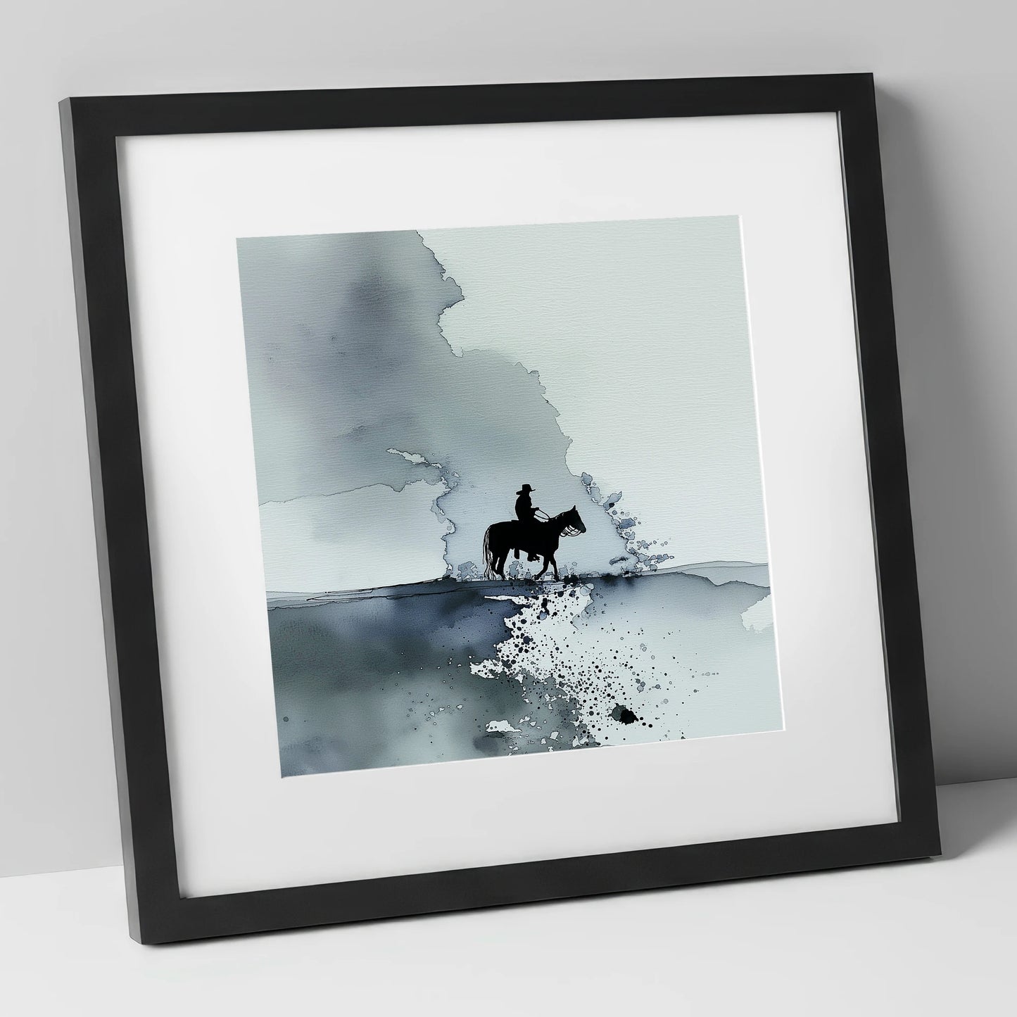 The Lone Trail western horse art print in black frame