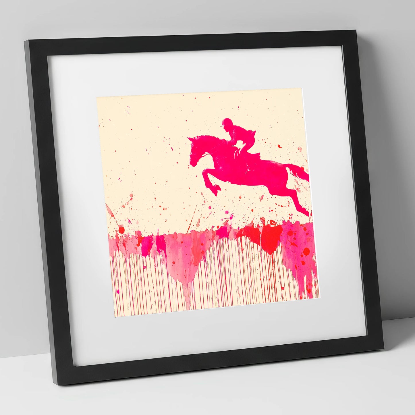 Magenta Flight show jumping horse art print in black frame