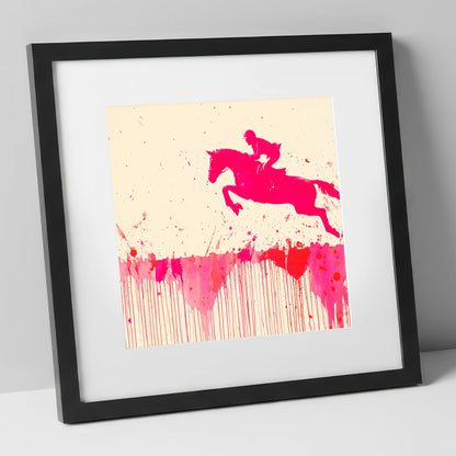 Magenta Flight show jumping horse art print in black frame