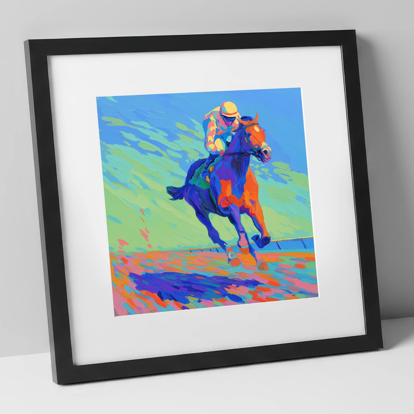 Vibrant Homestretch racing horse art print in black frame