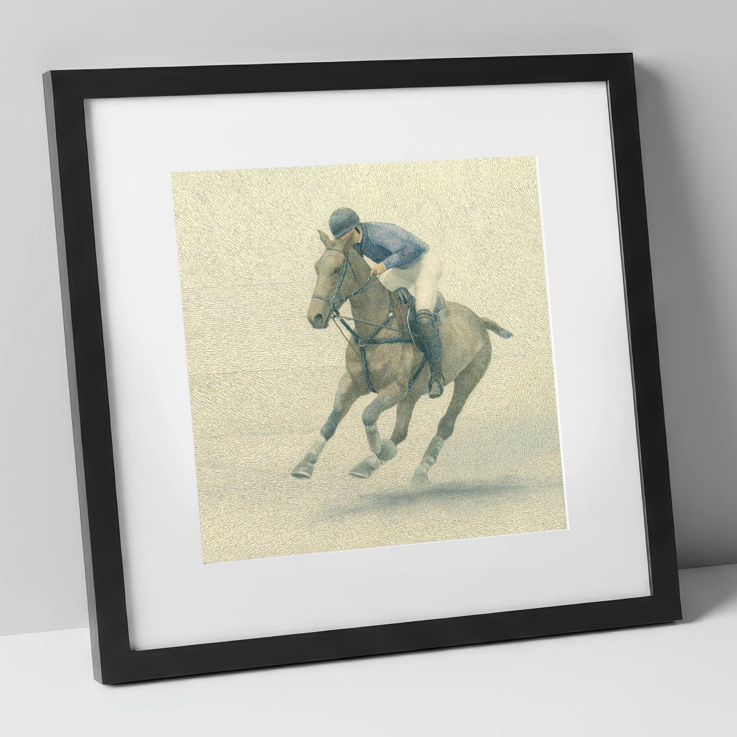 Chukka in Slate Blue polo horse art print in black frame