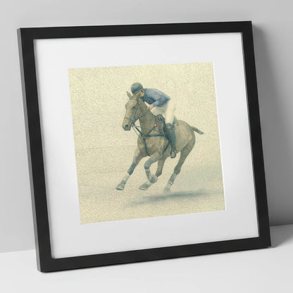 Chukka in Slate Blue polo horse art print in black frame