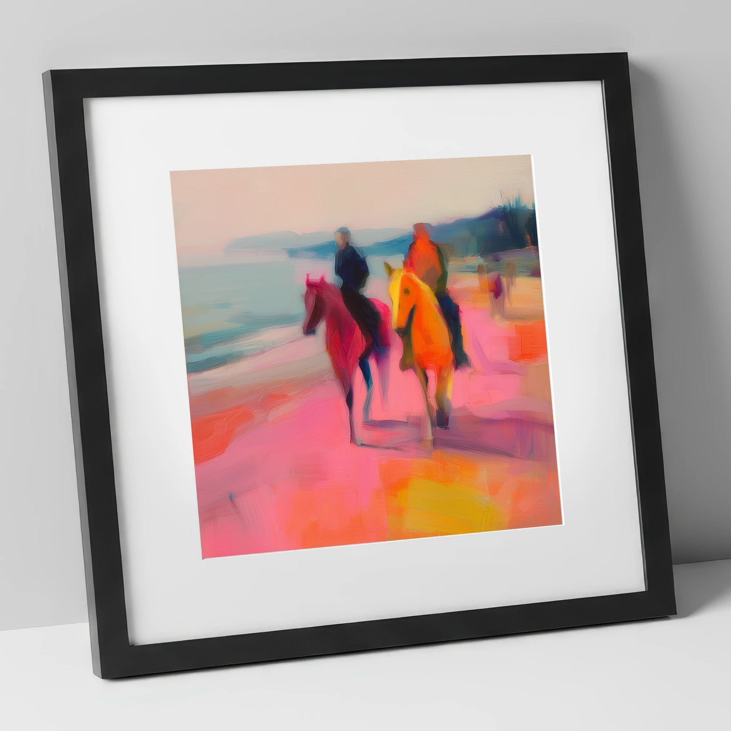 Vivid Coastal Ride horse landscape art print in black frame