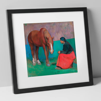 The Silent Dialogue horse & rider art print in black frame