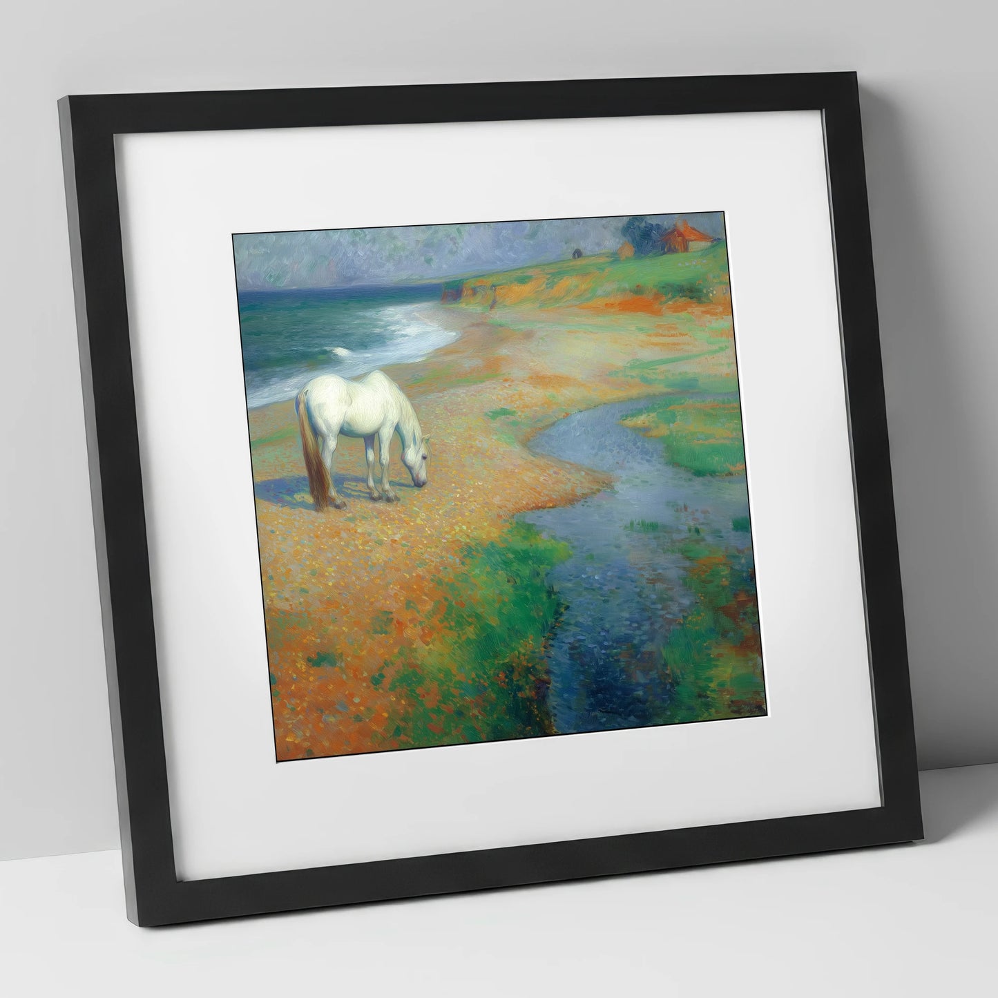 Vibrant Coastal Grazing horse landscape art print in black frame