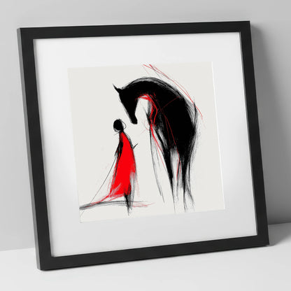 Crimson Bond horse & rider art print in black frame
