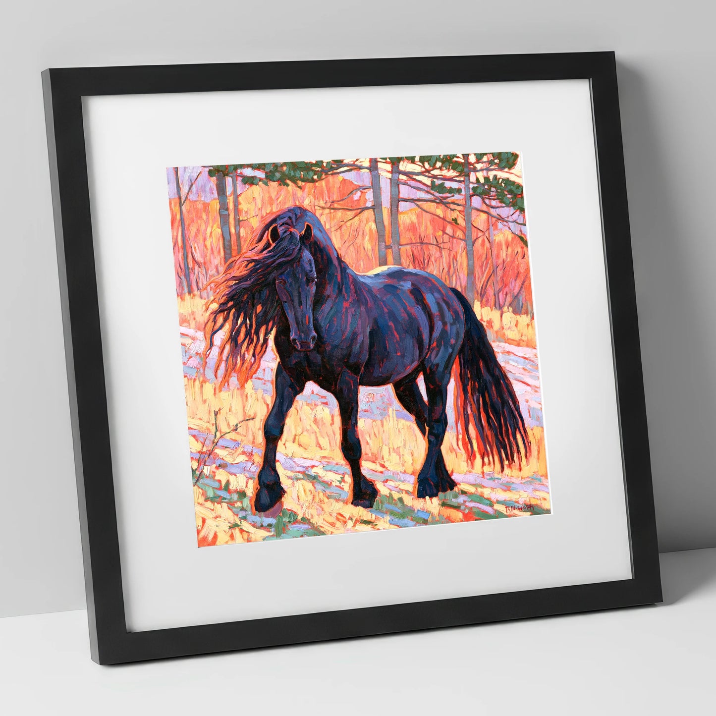 Vibrant Friesian in Sunset Woodland horse breed art print in black frame