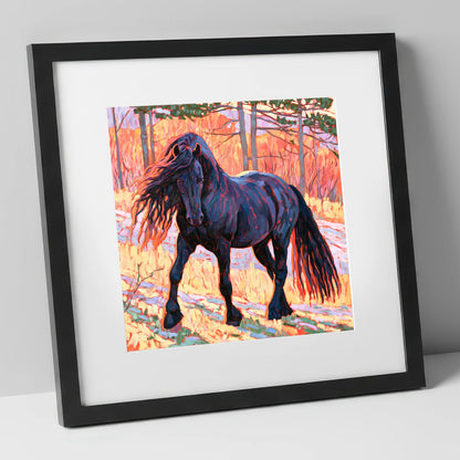 Vibrant Friesian in Sunset Woodland horse breed art print in black frame