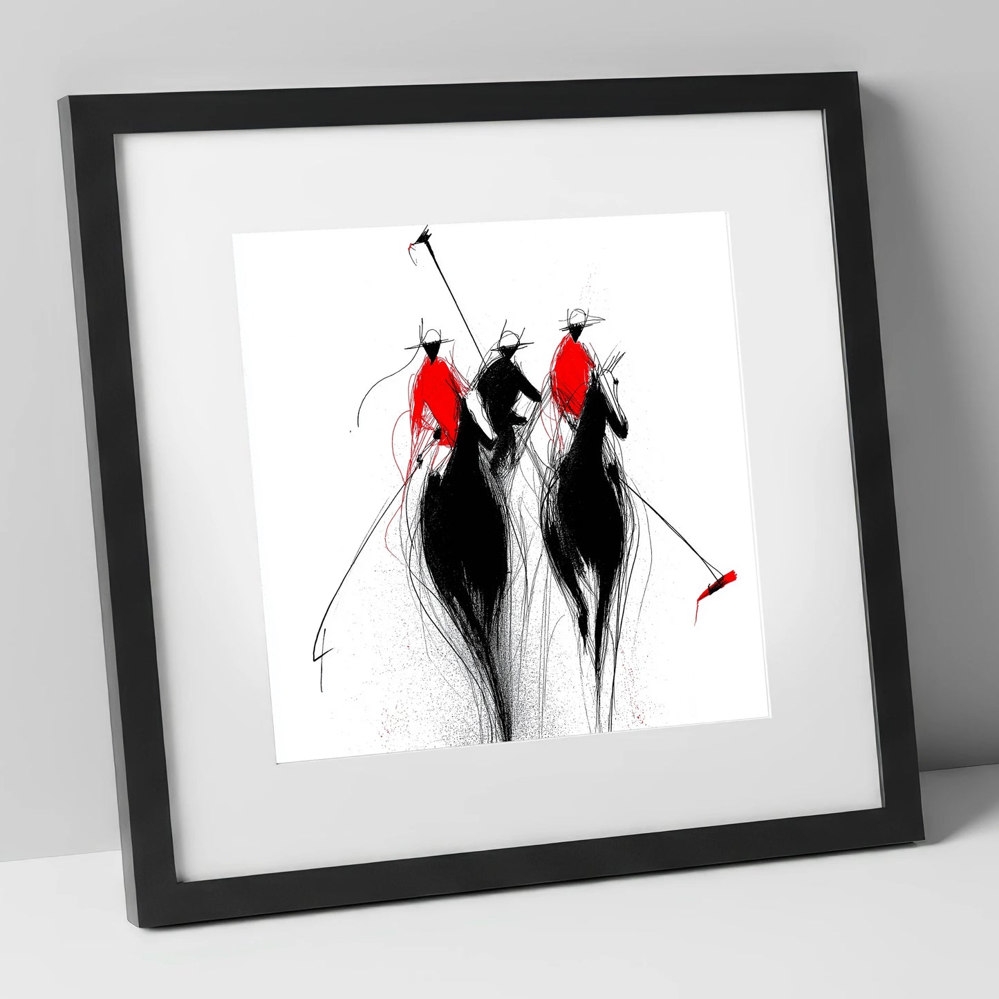The Crimson Charge polo horse art print in black frame