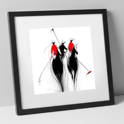 The Crimson Charge polo horse art print in black frame