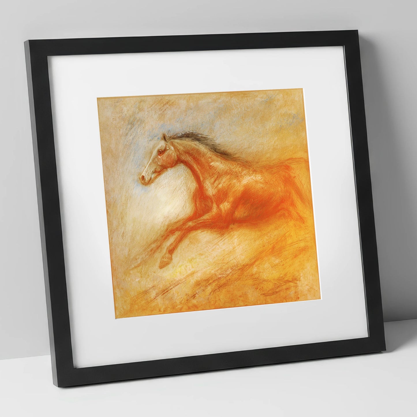 The Golden Gallop racing horse art print in black frame