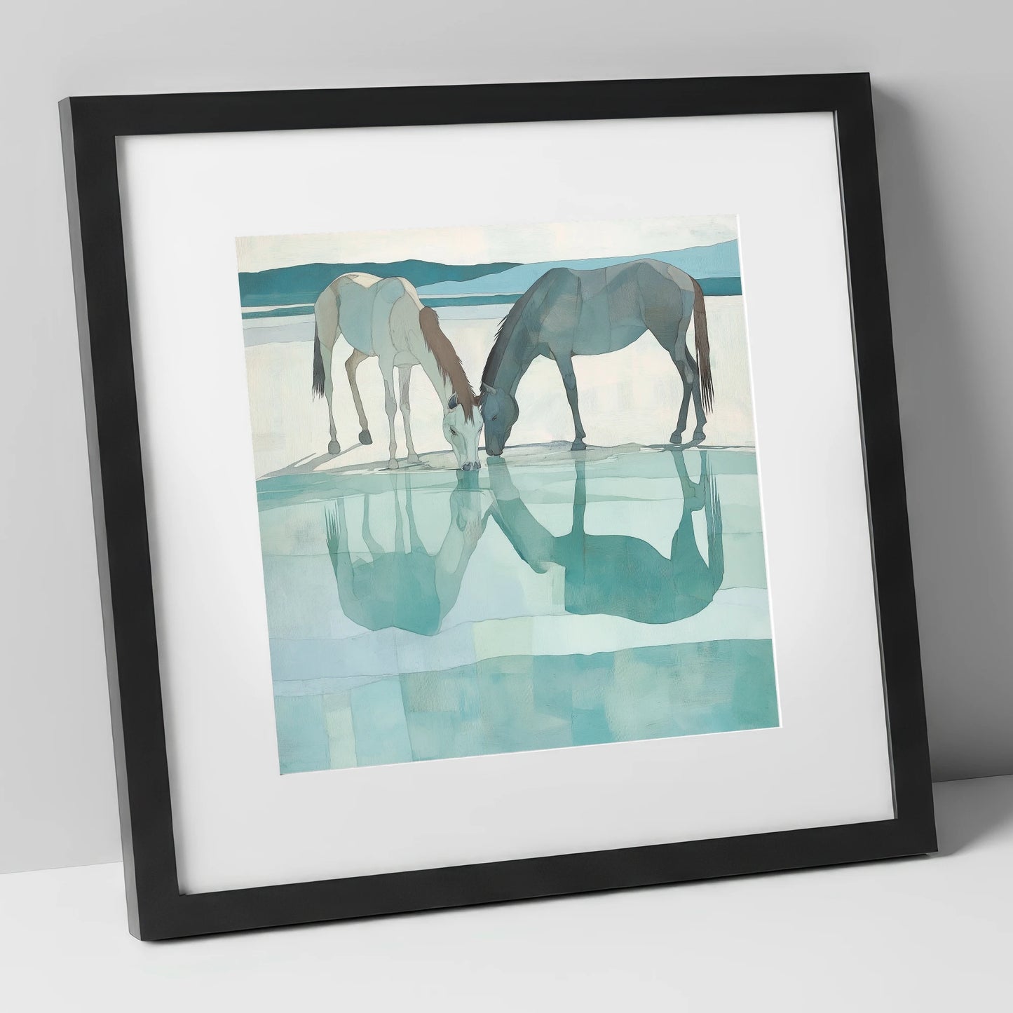Mirrored Serenity wild horses art print in black frame
