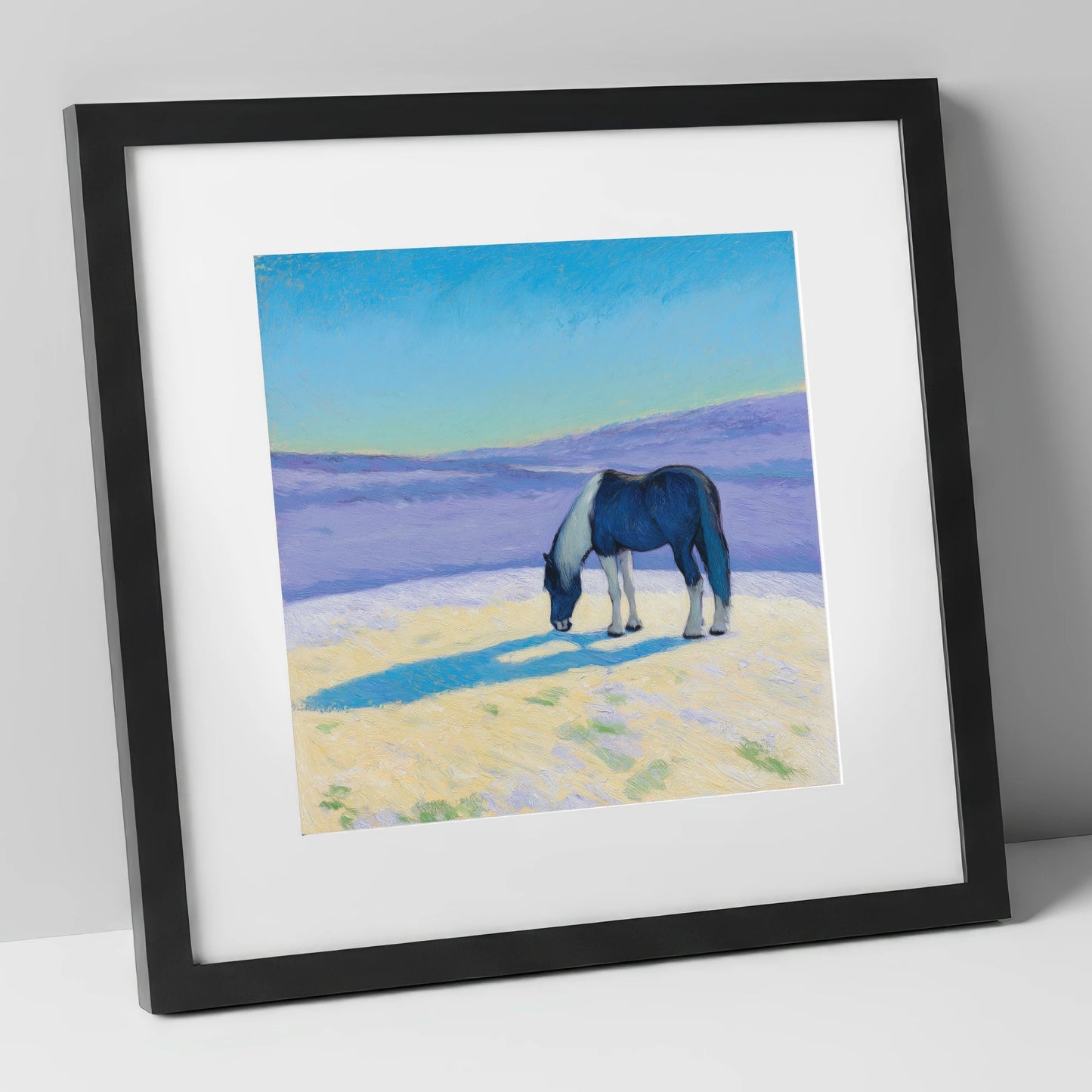 Indigo Shadow Grazing working horse art print in black frame