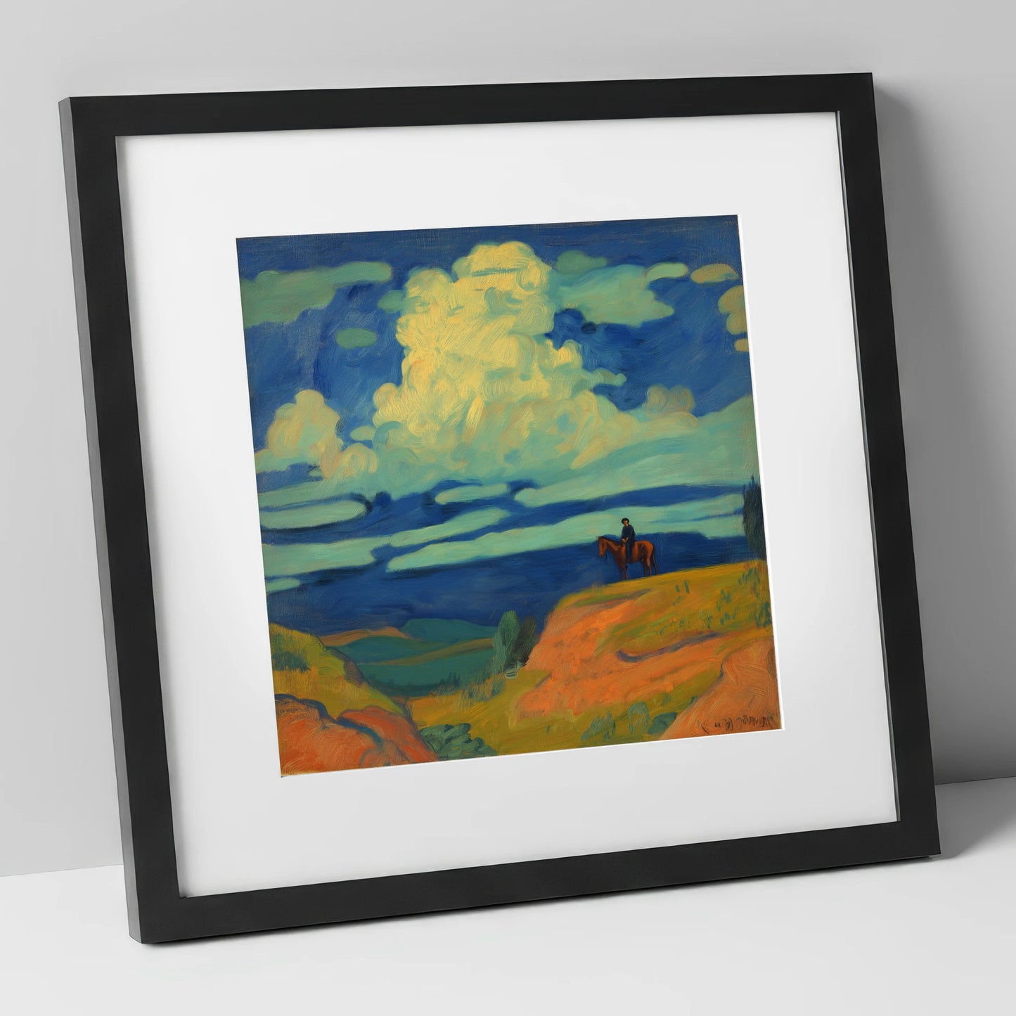 Beneath Billowing Skies horse landscape art print in black frame