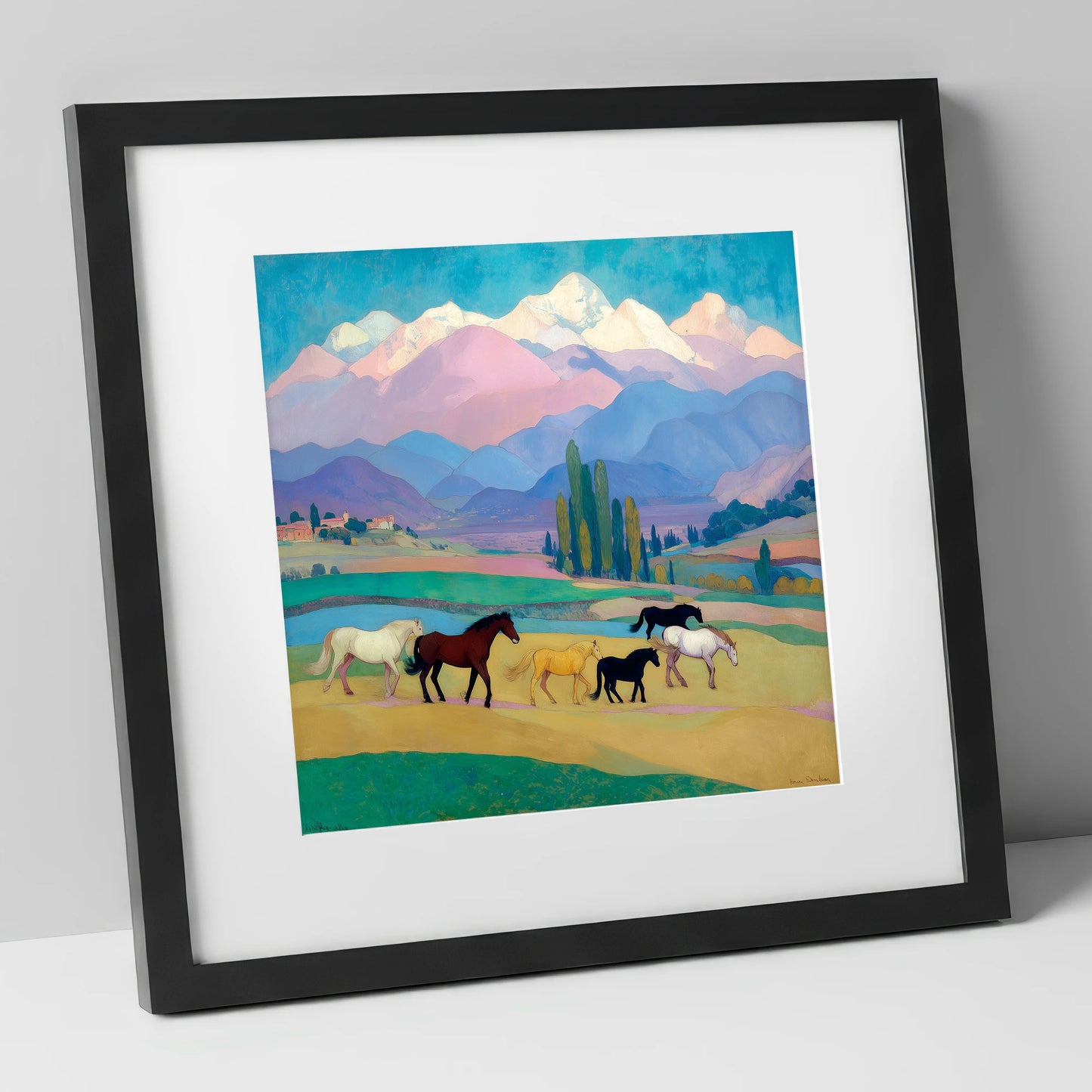 Vibrant Alpine Herd horse landscape art print in black frame