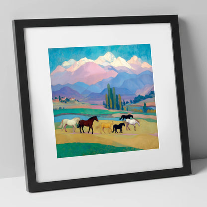 Vibrant Alpine Herd horse landscape art print in black frame