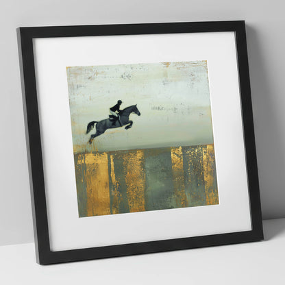 Flight Over Gold show jumping horse art print in black frame