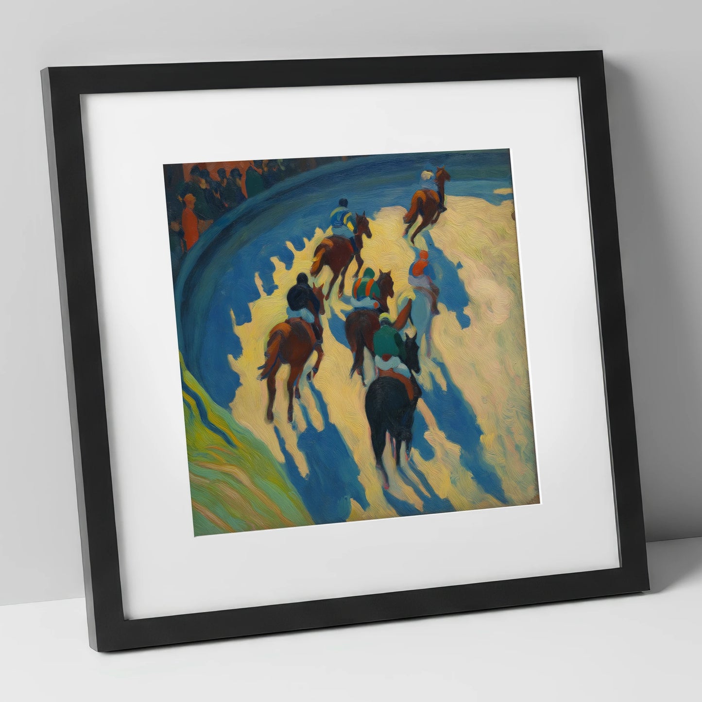Shadows on the Bend racing horse art print in black frame