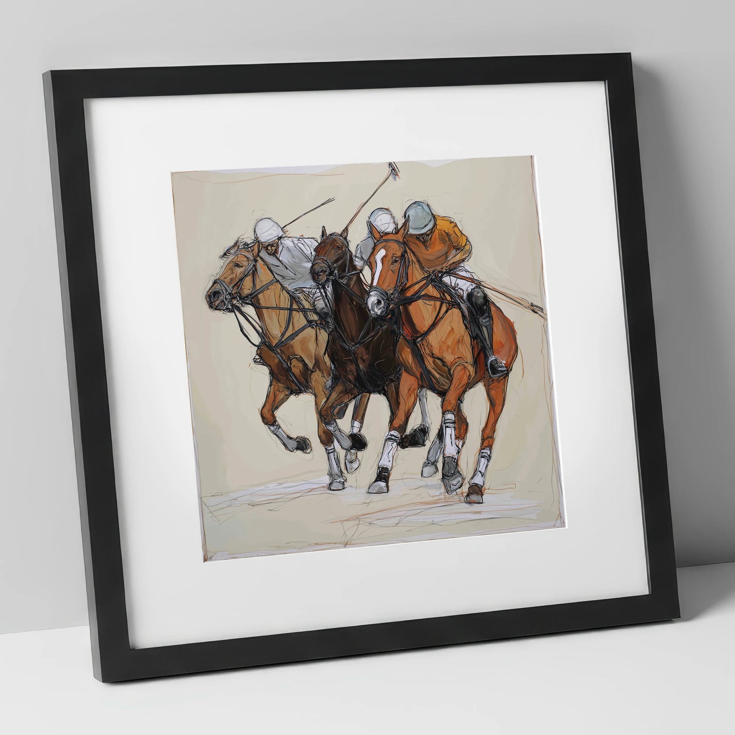 The Midfield Charge polo horse art print in black frame