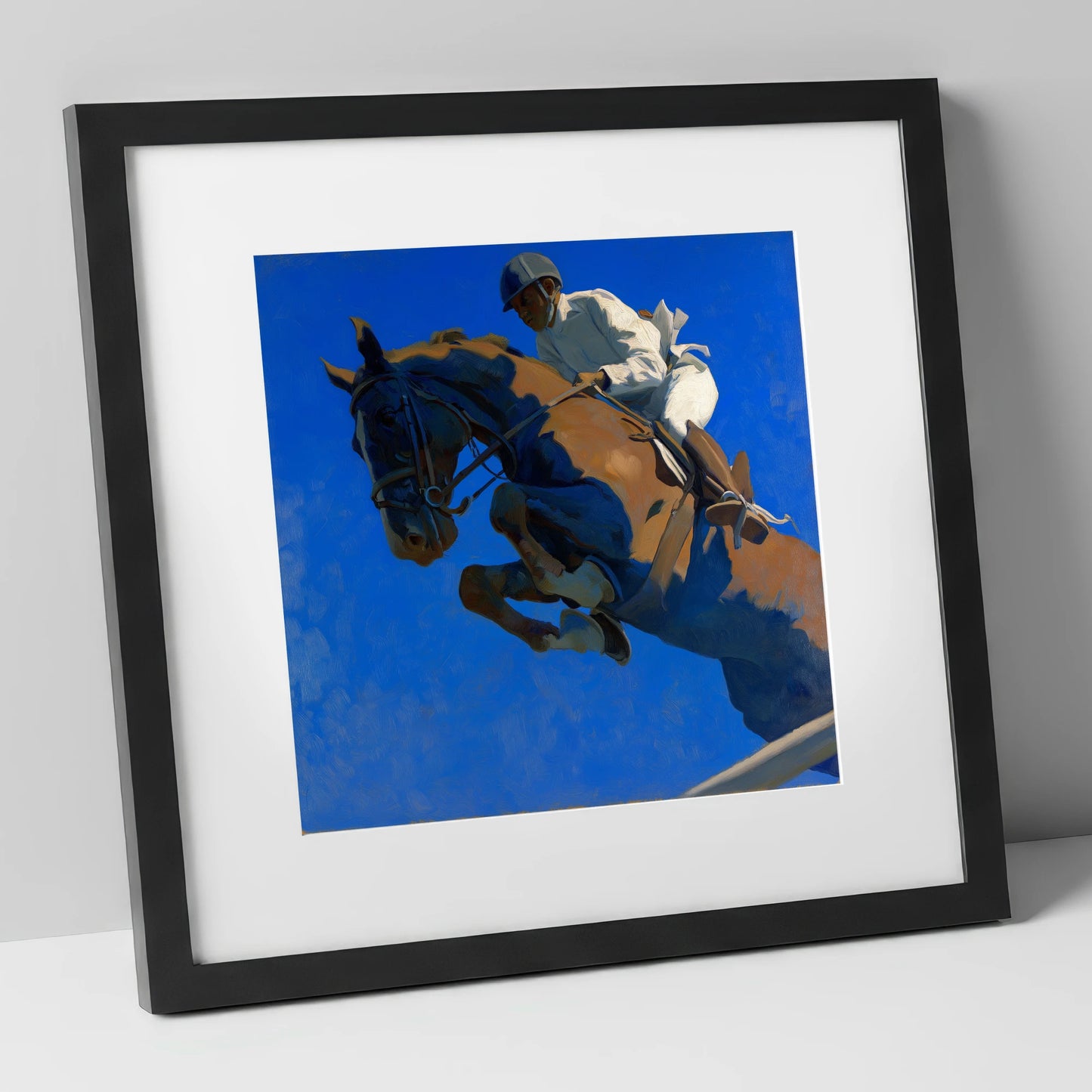 Skyward Bound show jumping horse art print in black frame