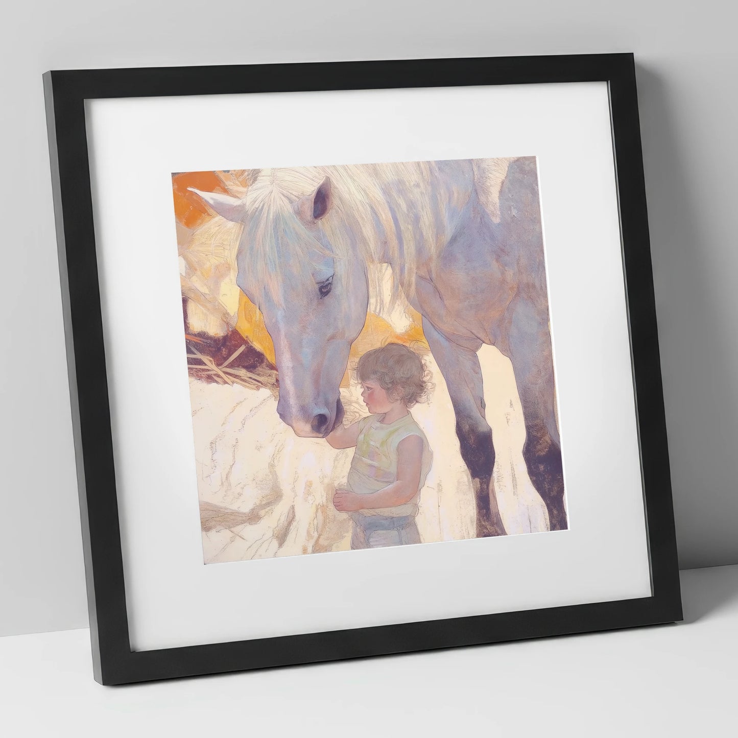 The First Touch horse & rider art print in black frame