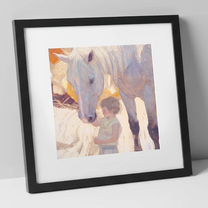The First Touch horse & rider art print in black frame