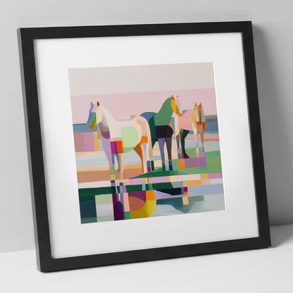 Geometric Equine Horizon horse landscape art print in black frame