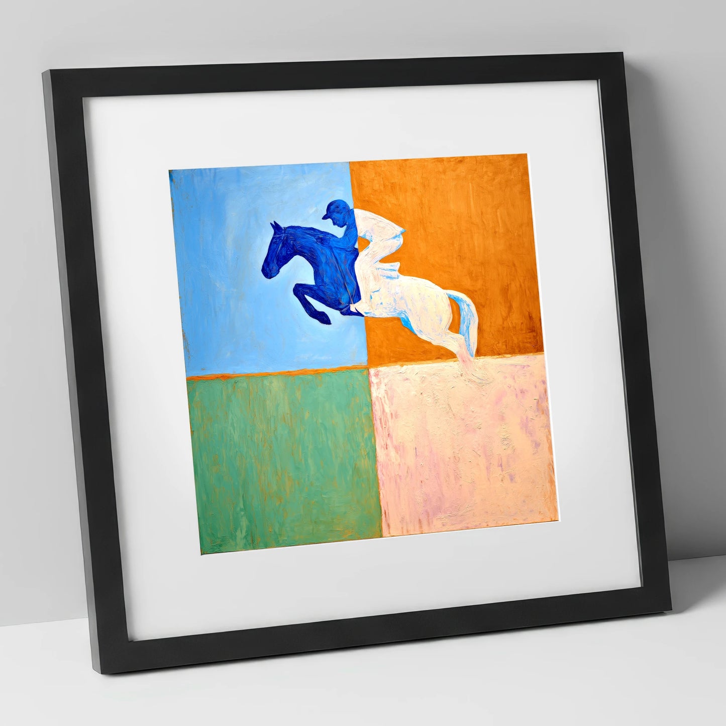 Abstract Cobalt Leap show jumping horse art print in black frame